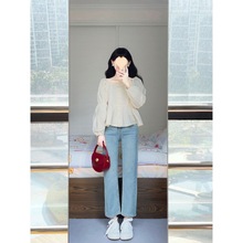 韩国chic春季新款甜美法式方领上衣设计感宽松长袖娃娃衫衬衫女