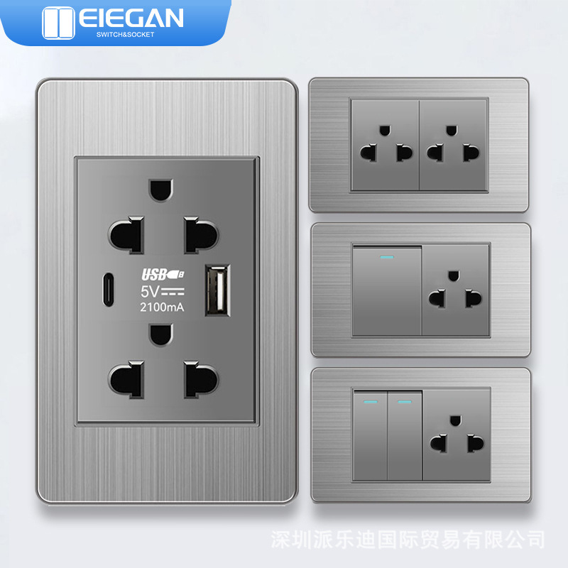 118 Type Switch Socket with USB Type-C Gray Stainless Steel 110V Thai Style Wall Switch Socket-S18