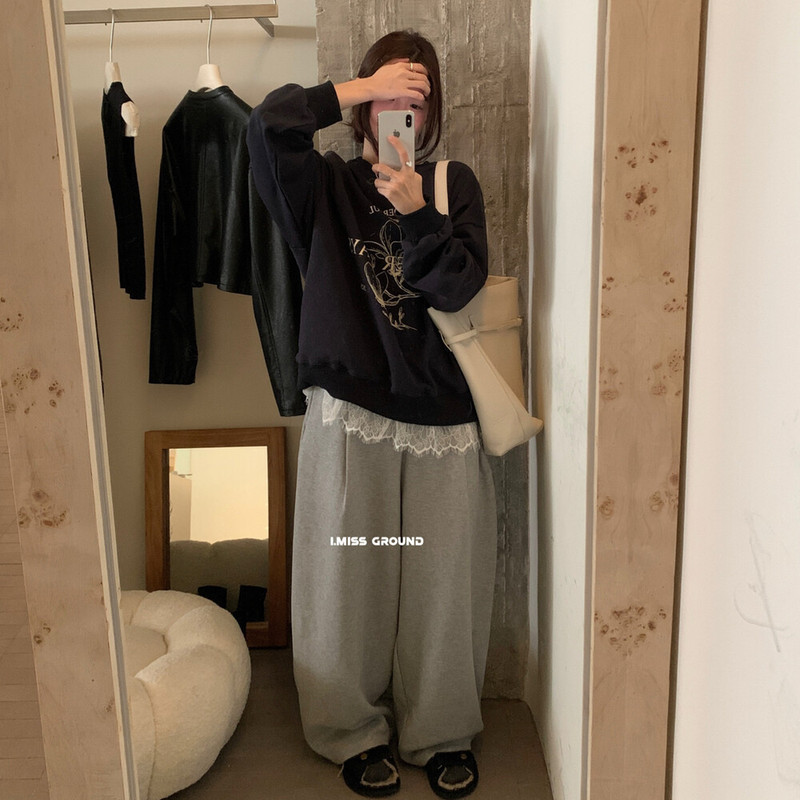 i miss设计感印花蕾丝拼接假两件圆领卫衣女2025秋季美式复古上衣|undefined