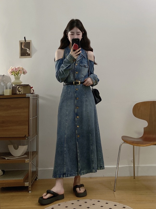 大码女装港风复古露肩牛仔连衣裙配腰带收腰显瘦翻领长裙|undefined