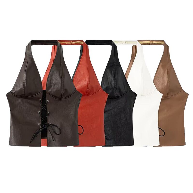 European and American Style Women's Clothing 2025 New European and American Fashion Halterneck Lace-Up Sexy Lace-Up Cut Out Navel-Baring Pu Vest
