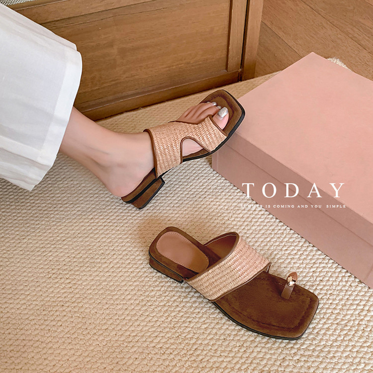 Dép sandal xỏ ngón nữ gót vuông mũi vuông phối màu thời trang — Kiểu dây buộc, Phong cách đơn giản