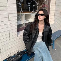 黑色美式复古pu皮外套女秋新款感气质宽松机车皮夹克皮衣