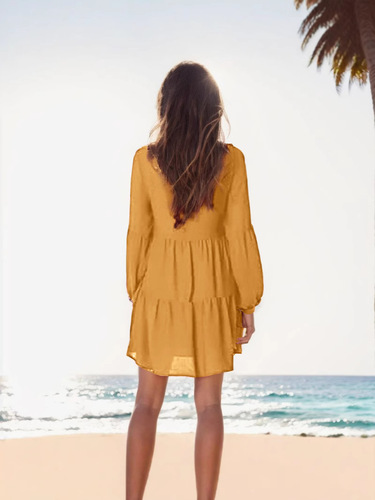 Amazon Independent Store 2025 Western and Eastern Cross-Border Autumn/Winter V-Neck Solid Color Striped Lantern Round Neck Medium Length Princess Dress