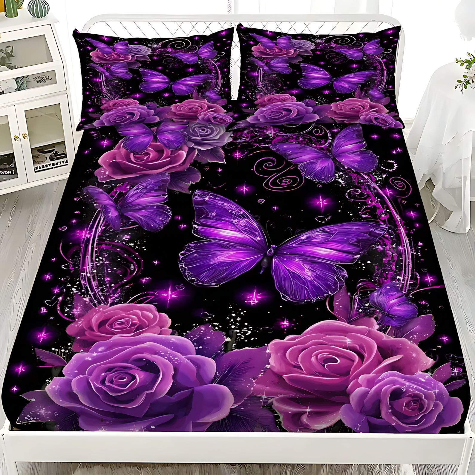 TEMU / JIT comercio exterior transfronterizo textil doméstico mariposa púrpura tema de impresión digital de alta definición cama gaza pillow cover set
