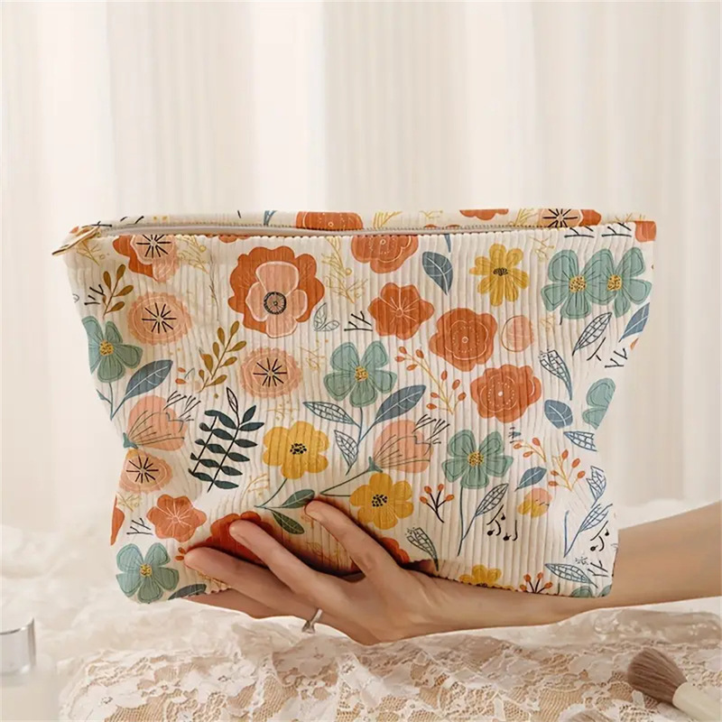 Shein Cross-Border Temu Hand-Painted Plant and Flower Printed Corduroy Zipper Storage Bag Lightweight Cosmetic Bag