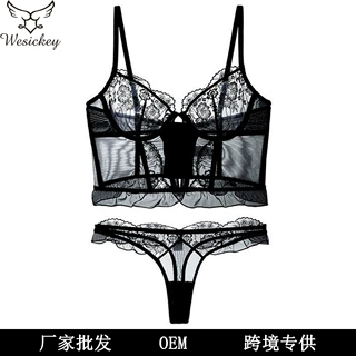 跨境欧美性感蕾丝内衣法式超薄鱼骨束身文胸衣大胸显小大码内衣夏