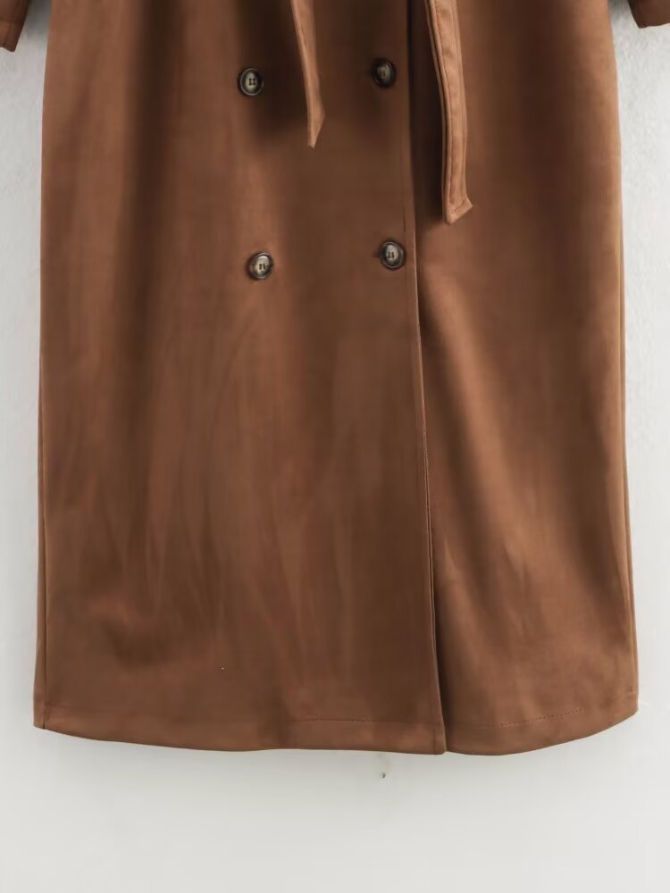 Double Breasted Placket Type Women's Casual Vintage Style Solid Color Belt Double Breasted Coat