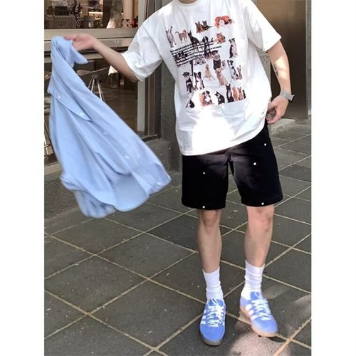 Vintage American Metal Button Decor Work Pants for Men Trendy Cool Casual Five-Finger Pants INS