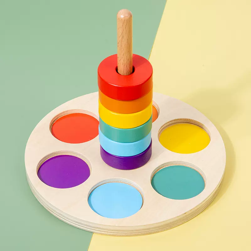 蒙氏早教1-3岁益智玩具木质彩色套圈颜色认知教具六色套环手眼协