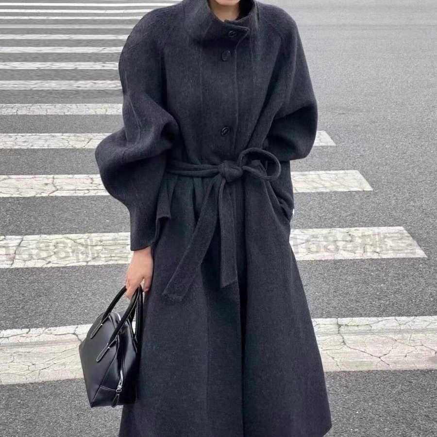 [3009] Новое двухстороннее кашемировое пальто с широким поясом и воротником-стойкой, Длинное свободное повседневное шерстяное пальто для похудения