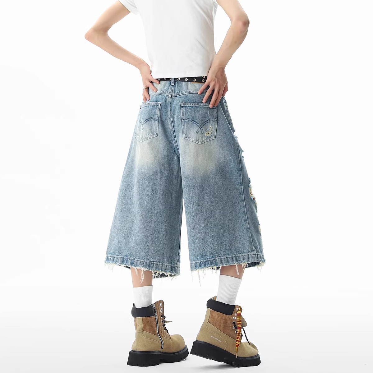 American Washed Ripped Denim Cropped Pants for Men and Women in Summer Vintage Design Couple Wide-Leg Knee-Length Pants