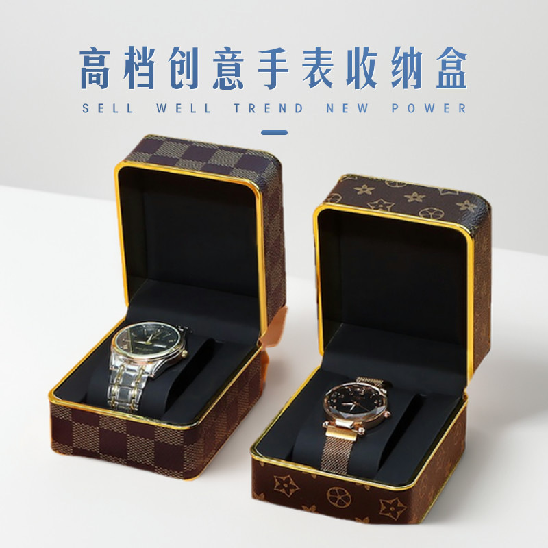 Watch Box Flip Cover Pu Leather Watch Case Portable Watch Storage Box Packaging Box Gift Box Manufacturer Wholesale in Stock Gold Edge