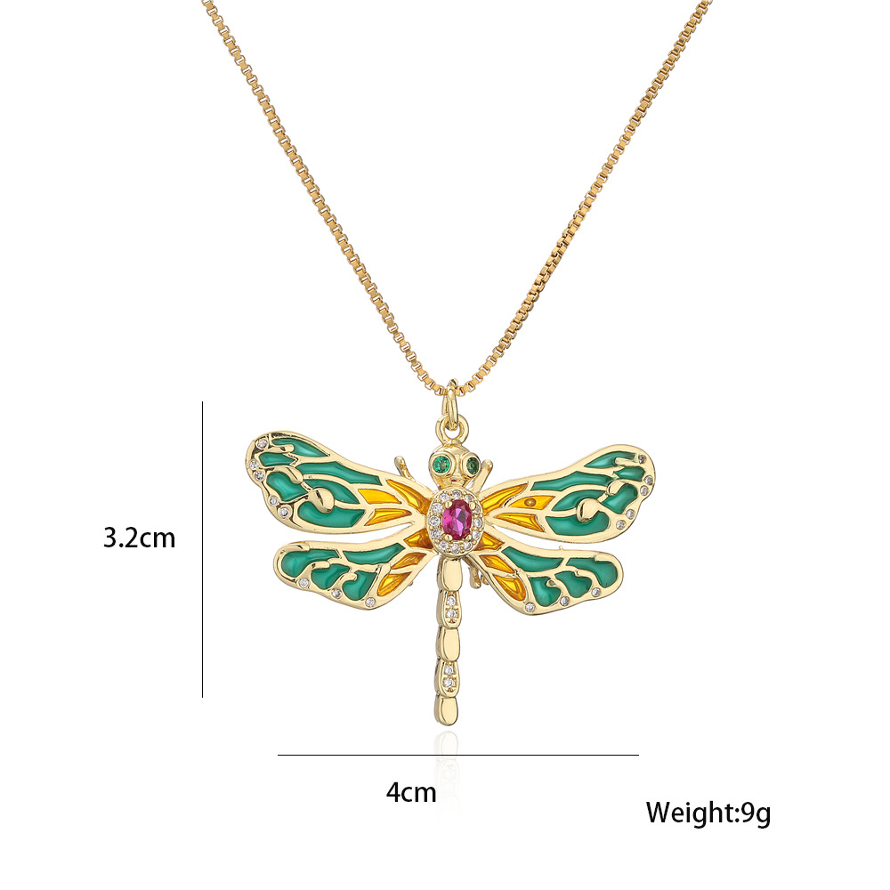 European And American Hot Sale New Product Copper Oil Dripping Zircon Dragonfly Pendant Golden Necklace display picture 2