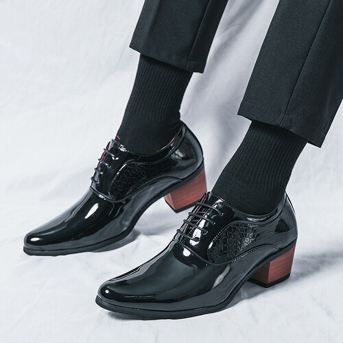 Mens Large Pointed High Heel Leather Shoes, British Business Casual Elevated Wedding Shoes, Korean Style Polished Stylist Trendy Shoes