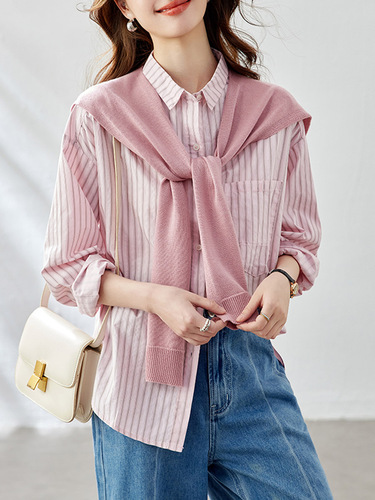 Cotton Boll Knitted Striped Sweater for Women Long Sleeve 2025 Autumn New Fashion Upgraded Pink Collar Blouse