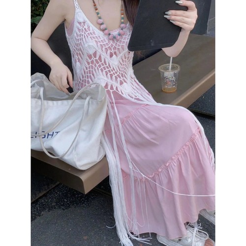 Set of Two Women's Design Pink Gentle Strappy Dresses Women's Summer Vacation Wind Beach Fringe Blouse