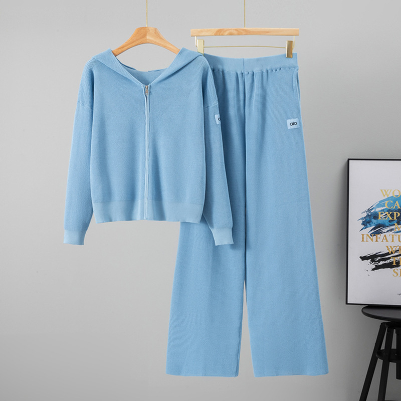 Cross-Border Waffle Hooded Lettered Cardigan Sports Knit Two-Piece Set European Station Autumn and Winter Fashion Two-Piece Set for Women