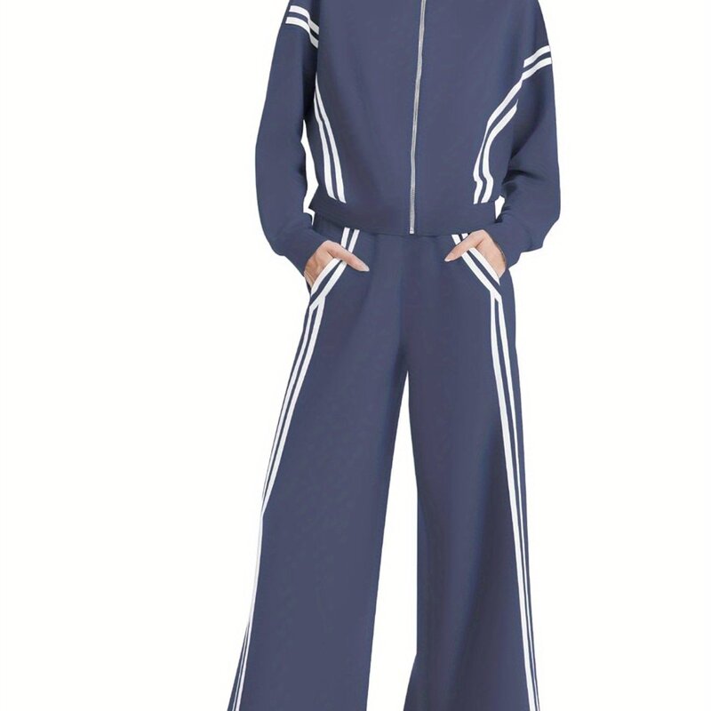 Women's 2 Piece Outfits Zip Up Sweatshirt Contrast Striped|undefined