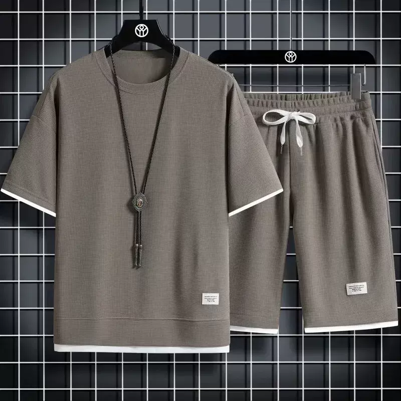 跨境专供夏季华夫格短袖套装休闲宽松大码胖子T恤男五分裤两件套