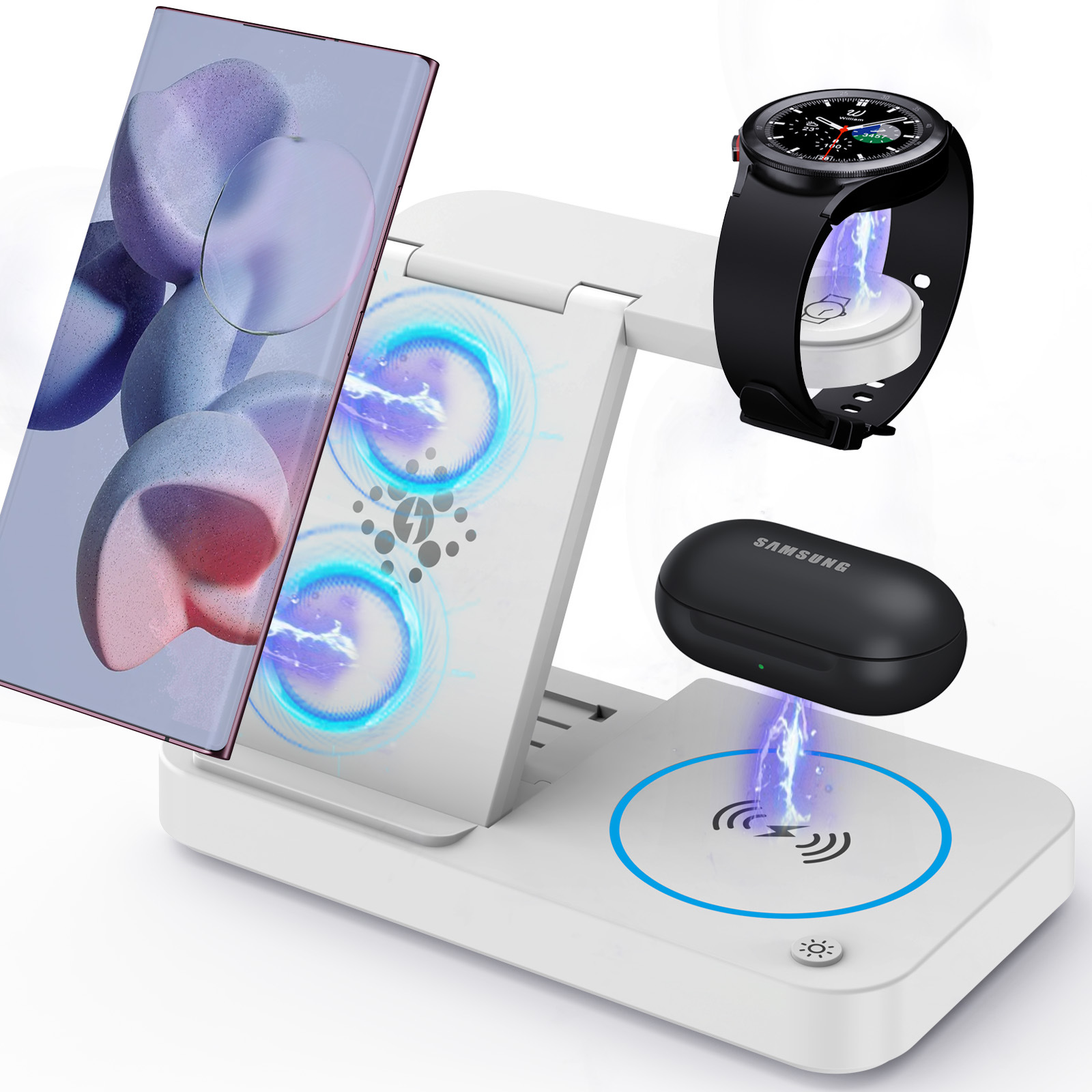 折りたたみ式磁気3-in-1ワイヤレス充電器、ユニバーサル急速充電デスクトップ携帯電話スタンド、サムスンウォッチにも対応