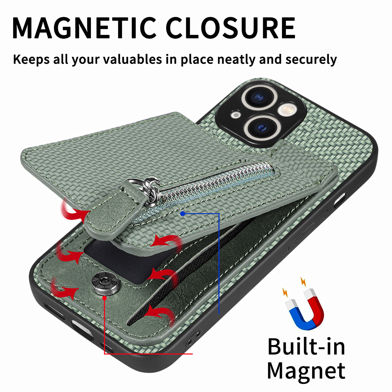 TechGlobe Compatible With IPhone 17 Flip Holder Phone Case Wallet Stand Zipper Bag Card Slot Protective Cover_voghion.com