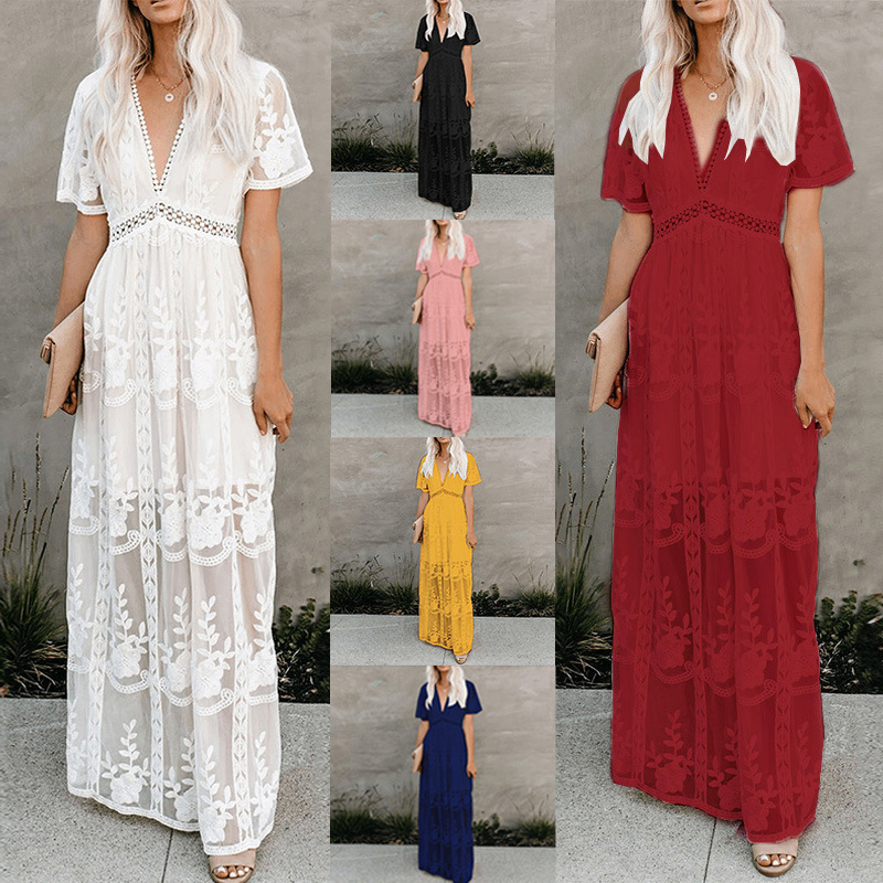 Lace dress 2024 elegant women's decoration waist short sleeve V-neck solid color lace summer new elegant dress for women