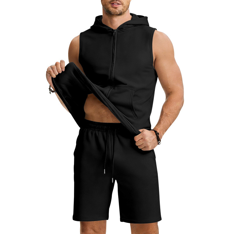 Men's Zip-Front Sleeveless Hoodie And Shorts Set Lightweight Athletic Gym Wear for Summer Workouts And Casual Street Style_viptrois.com