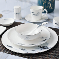 A set of high-end Chinese bone china tableware for hotels, restaurants, and private dining rooms, featuring the theme of "Shan Chuan Yu Fu" (Mountain, River, Fisherman).