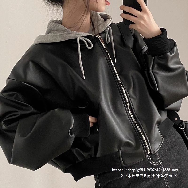 Korean style high-end black leather jacket for women, new spring style, unique and versatile, sexy biker jacket top