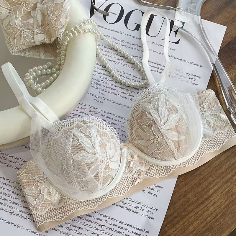 High-Appearance Value New Lace Bra Set with Push-Up Effect for Small Busts, Enhancing Side Breasts, Lace Back Design, Wireless Bra and Panty Set