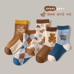 Children's socks autumn new cute breathable mid-calf socks for boys and girls cartoon bears contrasting colors autumn and winter baby cotton socks