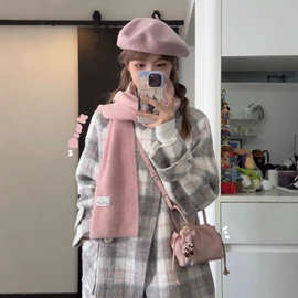 韩系灰粉格纹毛呢2025年冬季新款大衣外套女宽松保暖气质上衣
