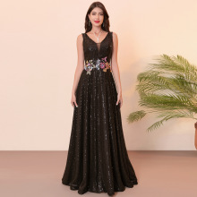 跨境亚马逊舞会正式晚宴礼服简约亮片无袖舞台合唱演出优雅晚礼服