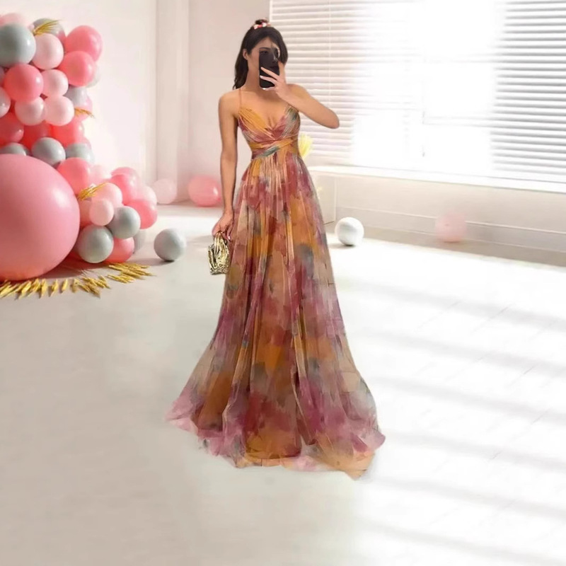 Amazon European and American Clothing 2024 Summer New Style Double V Neck Sleeveless Slit Printed Long Suspender Dress for Women