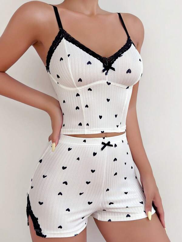 2 Pieces Set Quantity Casual Occasion Strap Neckline Casual Women's Casual Butterfly Lace Shorts Sets Pajama Sets
