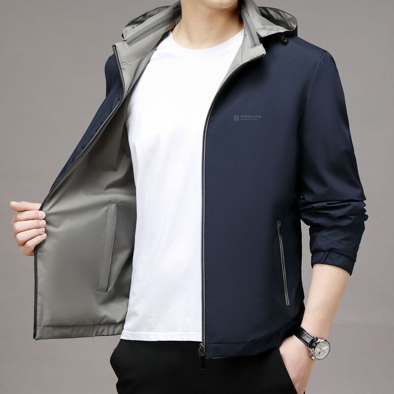 Reversible Spring and Autumn Men's Jacket Classic Coat Business Casual Versatile Stand Collar Hooded Dad Wear Reversible Spring and Autumn Men's Jacket Classic Coat Business Casual Versatile Stand Collar Hooded Dad Wear
