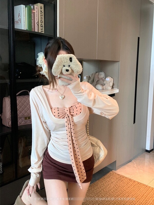 纯欲风波点绑带抹胸背心叠穿长袖T恤女秋季套装包臀半身裙三件套|undefined