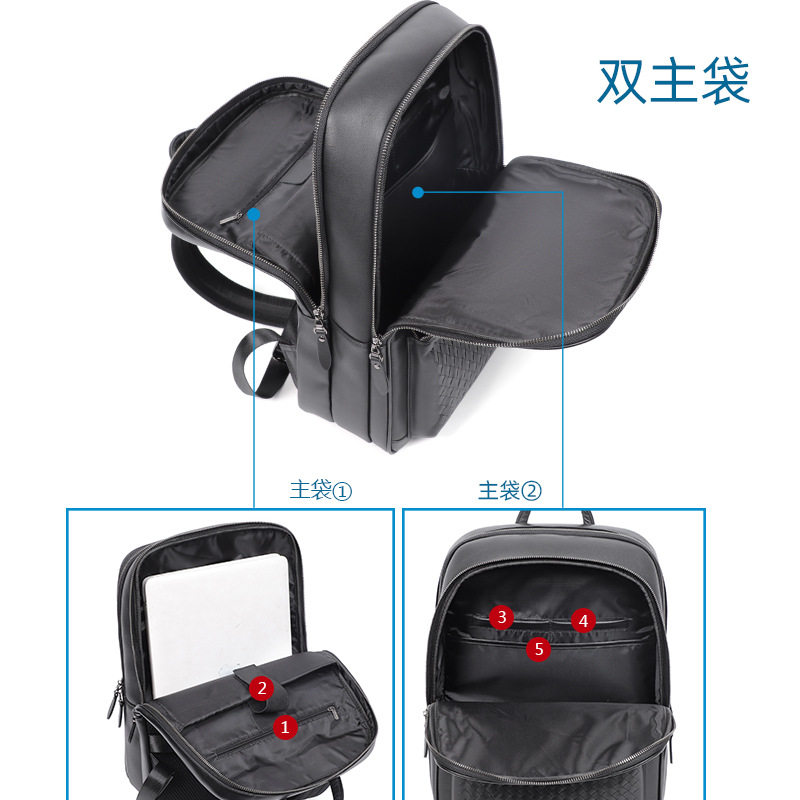 Ba lô nam da thật dệt tay thủ công, ba lô du lịch công sở dung tích lớn, ngăn máy tính 15,6 inch — Màu đen
