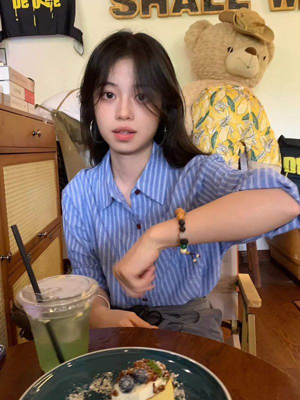 蓝色条纹衬衫2025年新款秋季女装法式气质宽松高级感内搭长袖上衣|undefined