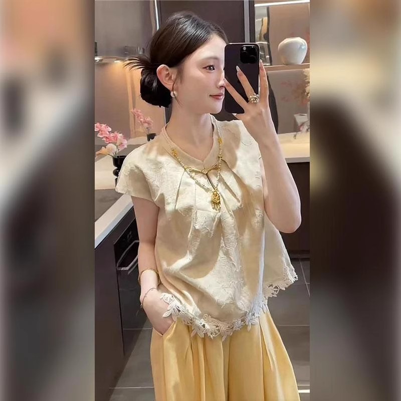 単品/新しい中国風の女性の夏の新しい刺繍トップス黄色のワイドレッグパンツユニークなハイエンドの女性のファッション|undefined