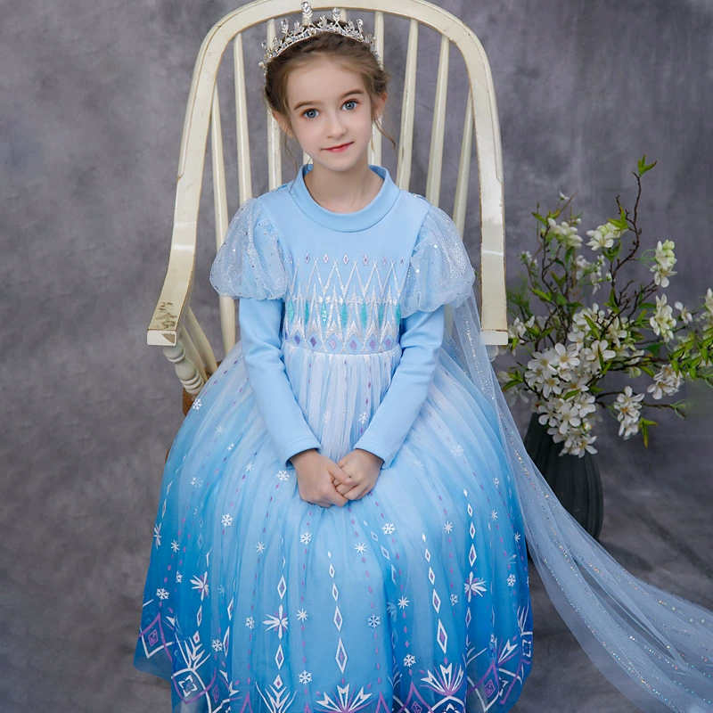 2025 для девочек плюшевая утолщение синий высокий воротник Замороженные платье принцессы Айсы для маленьких девочек Рождественское шоу