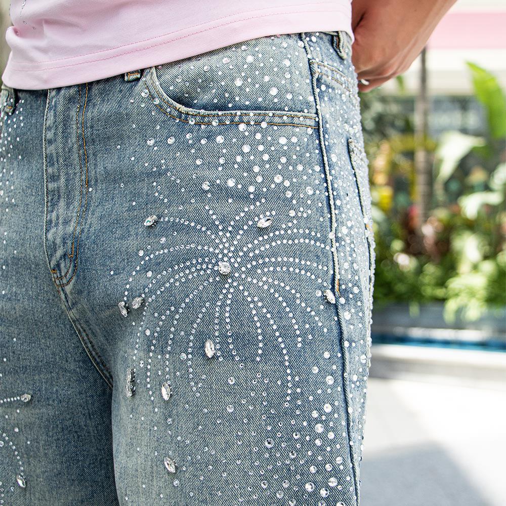 Men's Rhinestone Jeans - High-End Streetwear Straight Leg Denim Pants With Hand-Painted Design, Loose Fit For Trendy Look_voghion.com