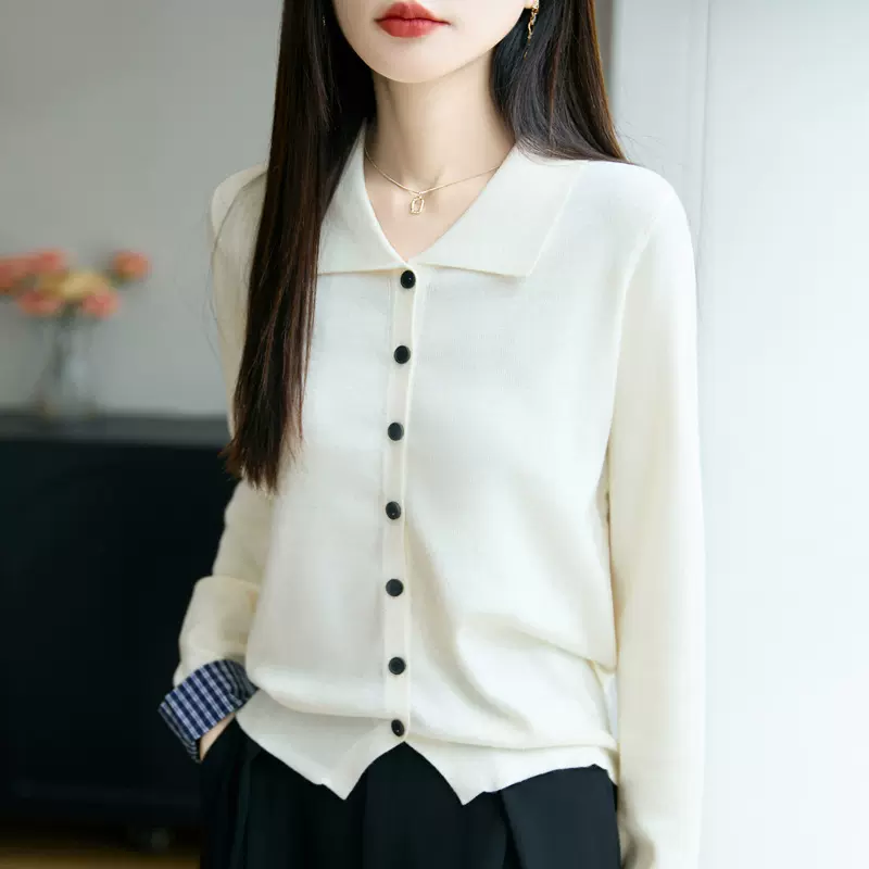 精纺羊毛针织开衫POLO领女式纯色外套休闲通勤简约提花格子袖衬衫