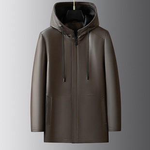 High-end 2025 Spring and Autumn Sheepskin Trenchcoat Men's Genuine Leather Coat Mid-length Hooded Coat Casual Dad Coat