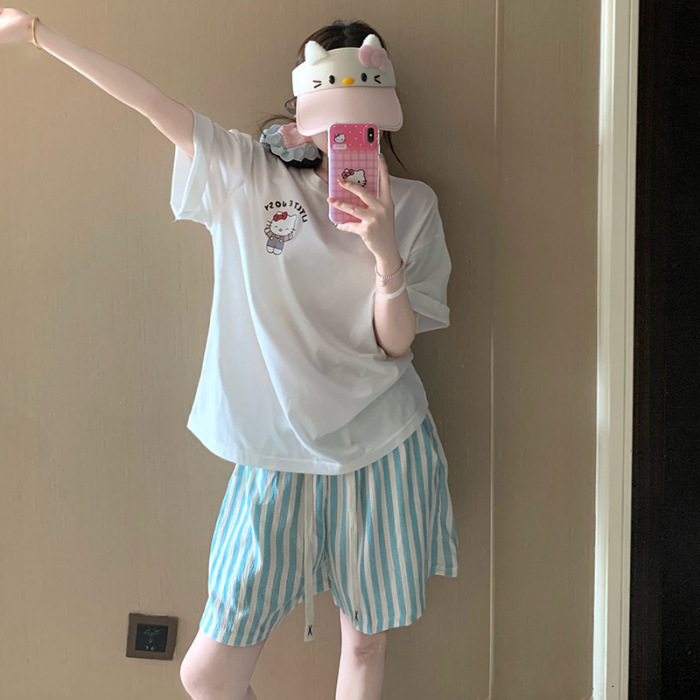 Dibujos animados Hellokitty pijamas estampados mujer 2025 nuevo verano algodón de manga corta pantalones cortos traje de servicio a domicilio