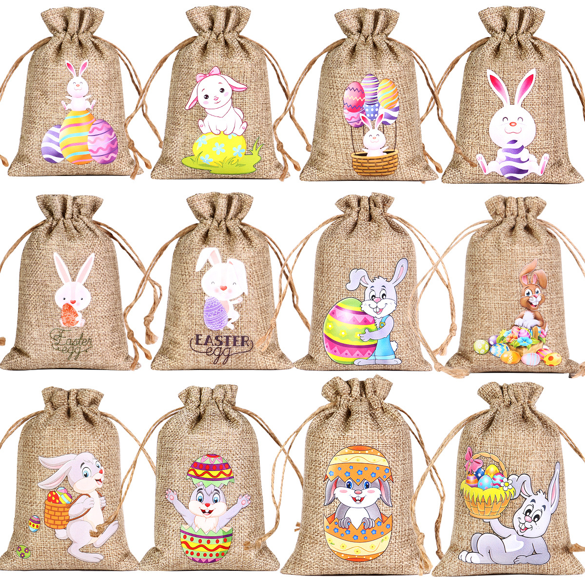 Bolsa de cordón de lino al por mayor exclusiva transfronteriza Bolsa de regalo de Pascua Conejo Pascua bolsa de cordón personalización