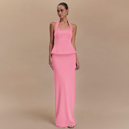 Europe and the United States cross-border 2025 spring INS new solid color hanging neck top sexy backless slim dress two-piece suit