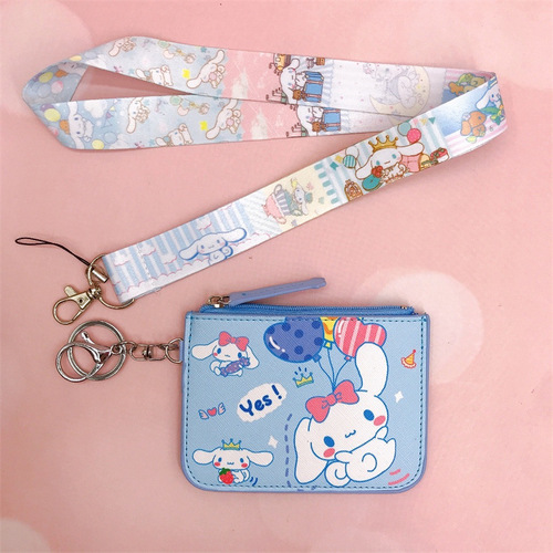 Cartoon jade cinnamon dog white dog PU card holder coin purse with keychain lanyard bus card access card ID holder