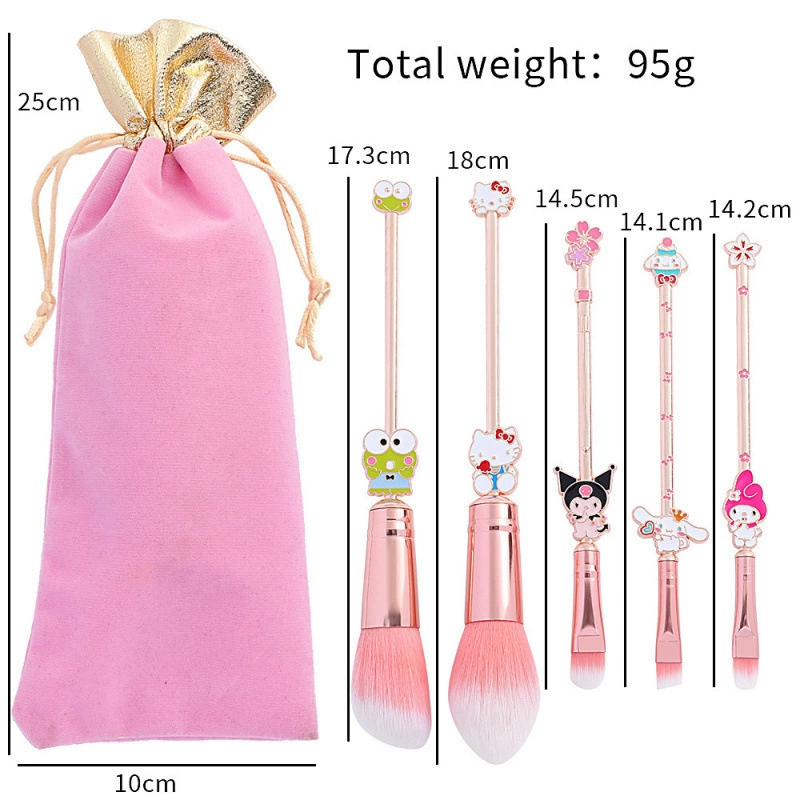 Набор кистей для макияжа (Sanrio) 5 шт., ручки Hello Kitty и Kuromi, розовый мешочек